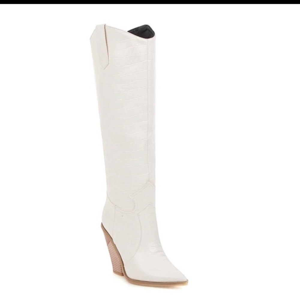 knee high white crocodile (faux) boot